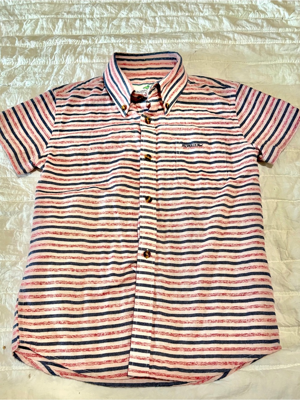 Boys Striped Short-Sleeve Button-Down Shirt in Pink & Navy
